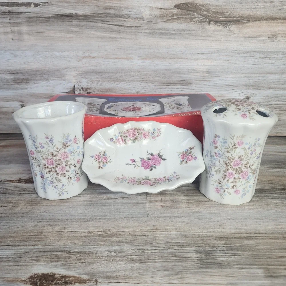 Vintage Ceramic Floral Bathroom Set 3pc Soap Dish Tumbler Toothbrush Holder New
